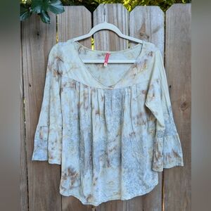 Trixie Boho Earth Tones Tie-Dye Embellished Bell Sleeve Blouse